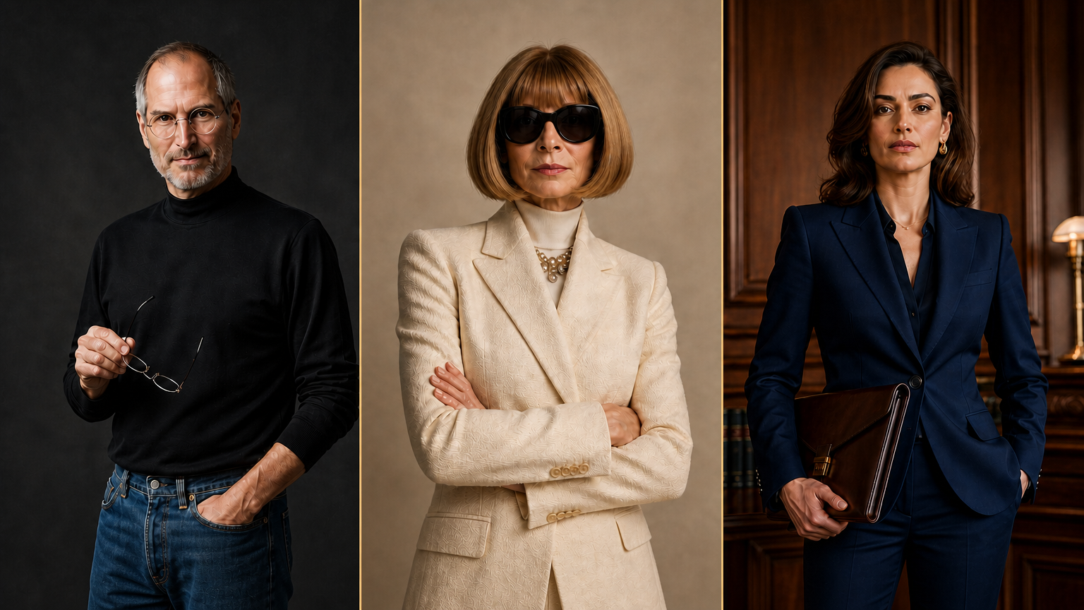 Exemplos de assinatura visual: Steve Jobs, Anna Wintour e uma executiva em alfaiataria